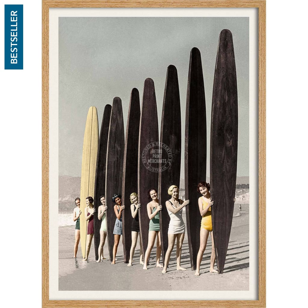 Women Surfing With Longboards In Colour | Australia 422Mm X 295Mm 16.6 11.6 A3 / Natural Oak Print