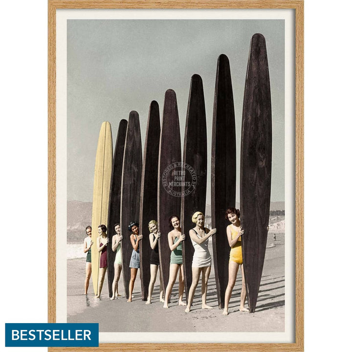 Women Surfing With Longboards In Colour | Australia 422Mm X 295Mm 16.6 11.6 A3 / Natural Oak Print