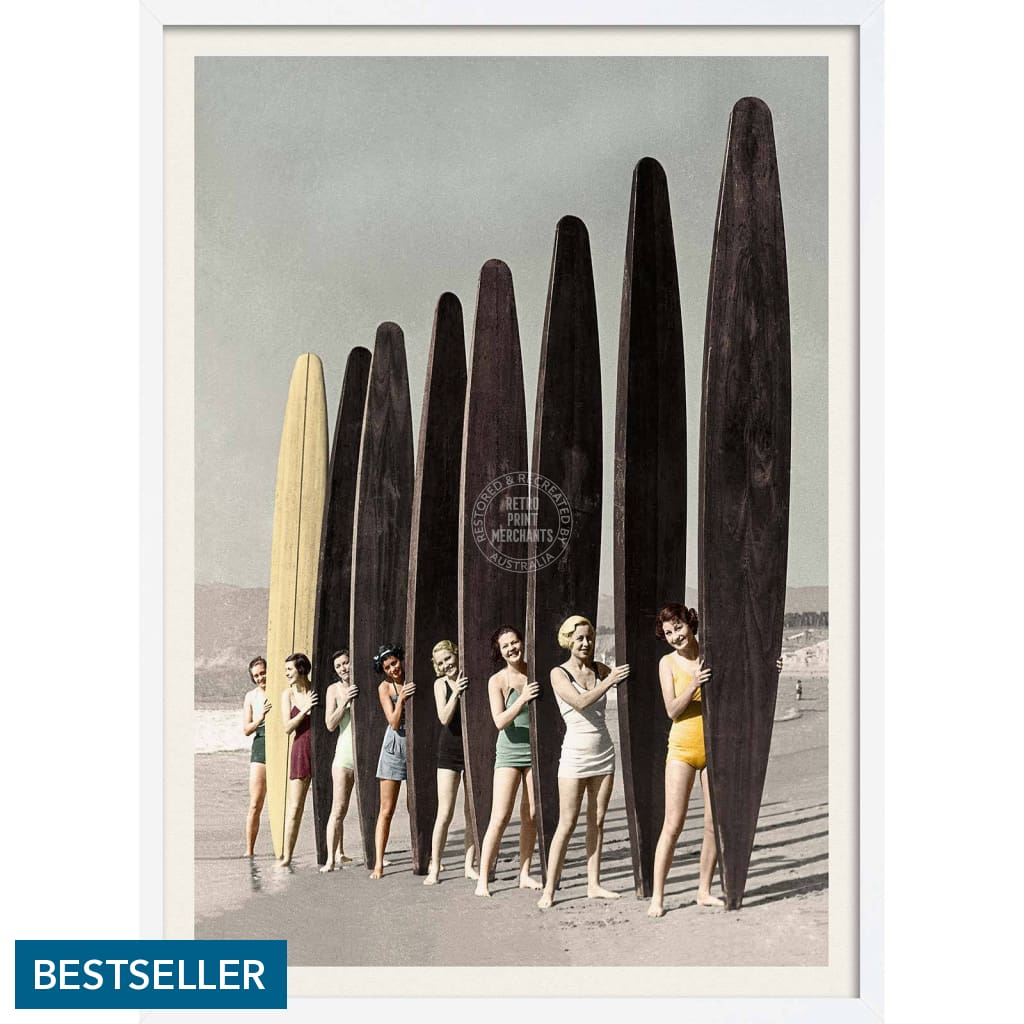 Women Surfing With Longboards In Colour | Australia 422Mm X 295Mm 16.6 11.6 A3 / White Print Art