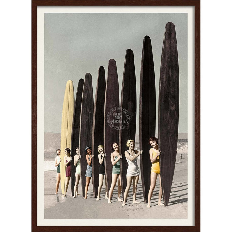 Women Surfing With Longboards In Colour | Australia 422Mm X 295Mm 16.6 11.6 A3 / Dark Oak Print Art