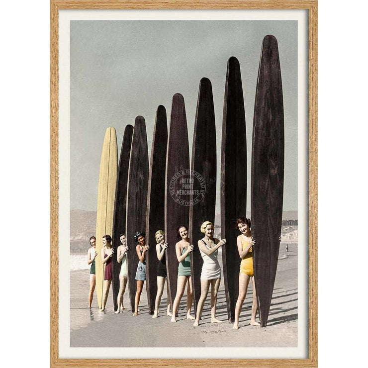 Women Surfing With Longboards In Colour | Australia 422Mm X 295Mm 16.6 11.6 A3 / Natural Oak Print
