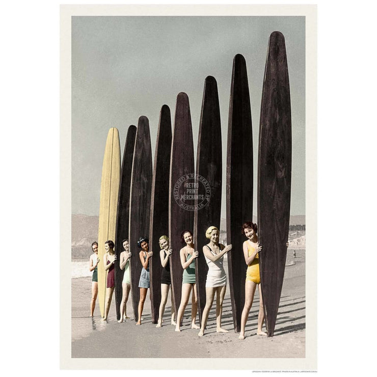 Women Surfing With Longboards In Colour | Australia 422Mm X 295Mm 16.6 11.6 A3 / Unframed Print Art