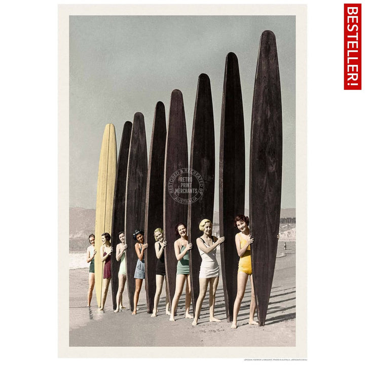 Women Surfing With Longboards In Colour | Australia 422Mm X 295Mm 16.6 11.6 A3 / Unframed Print Art