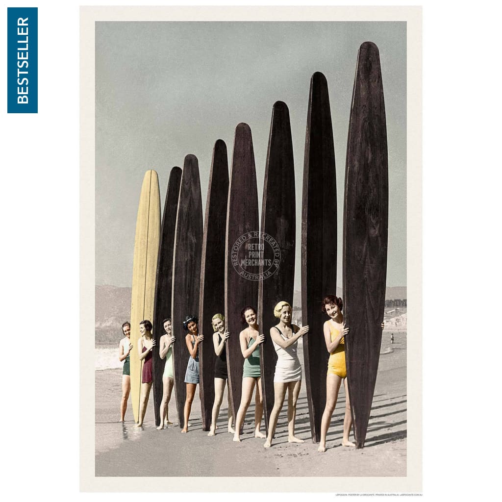 Women Surfing With Longboards In Colour | Australia 422Mm X 295Mm 16.6 11.6 A3 / Unframed Print Art