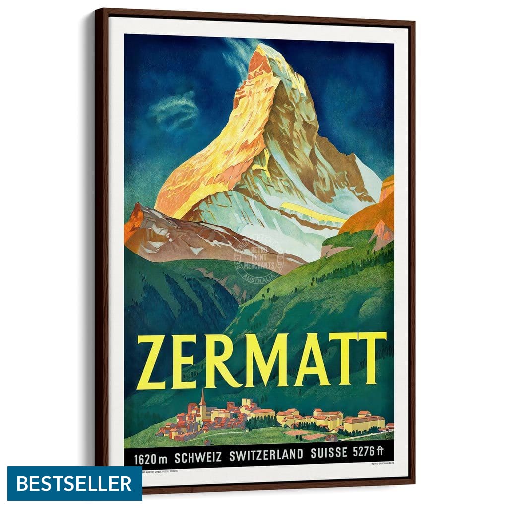 Zermatt 1933 | Switzerland A3 297 X 420Mm 11.7 16.5 Inches / Canvas Floating Frame - Dark Oak Timber