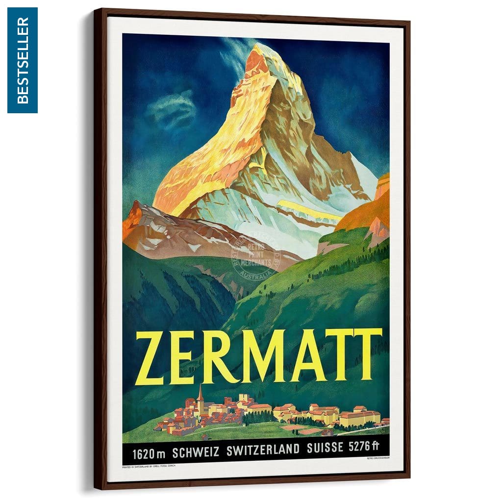 Zermatt 1933 | Switzerland A3 297 X 420Mm 11.7 16.5 Inches / Canvas Floating Frame - Dark Oak Timber
