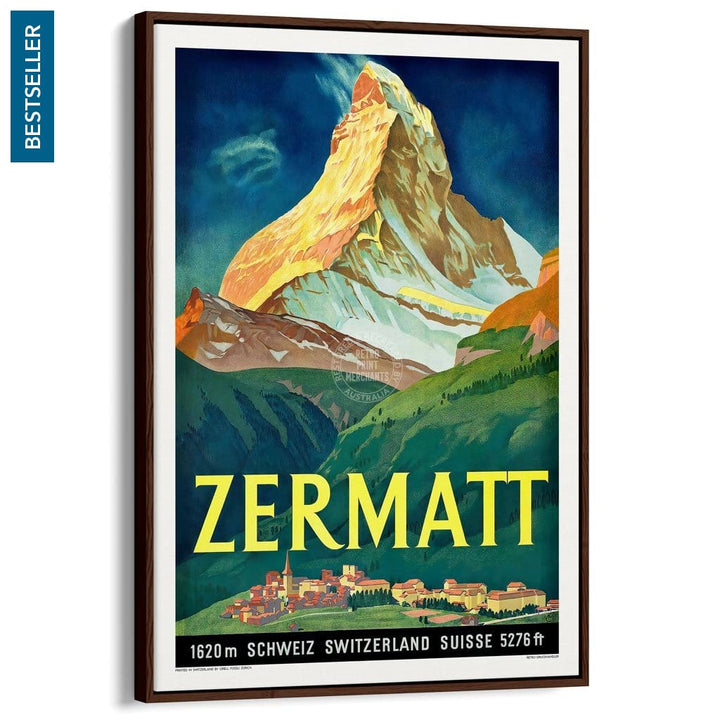 Zermatt 1933 | Switzerland A3 297 X 420Mm 11.7 16.5 Inches / Canvas Floating Frame - Dark Oak Timber