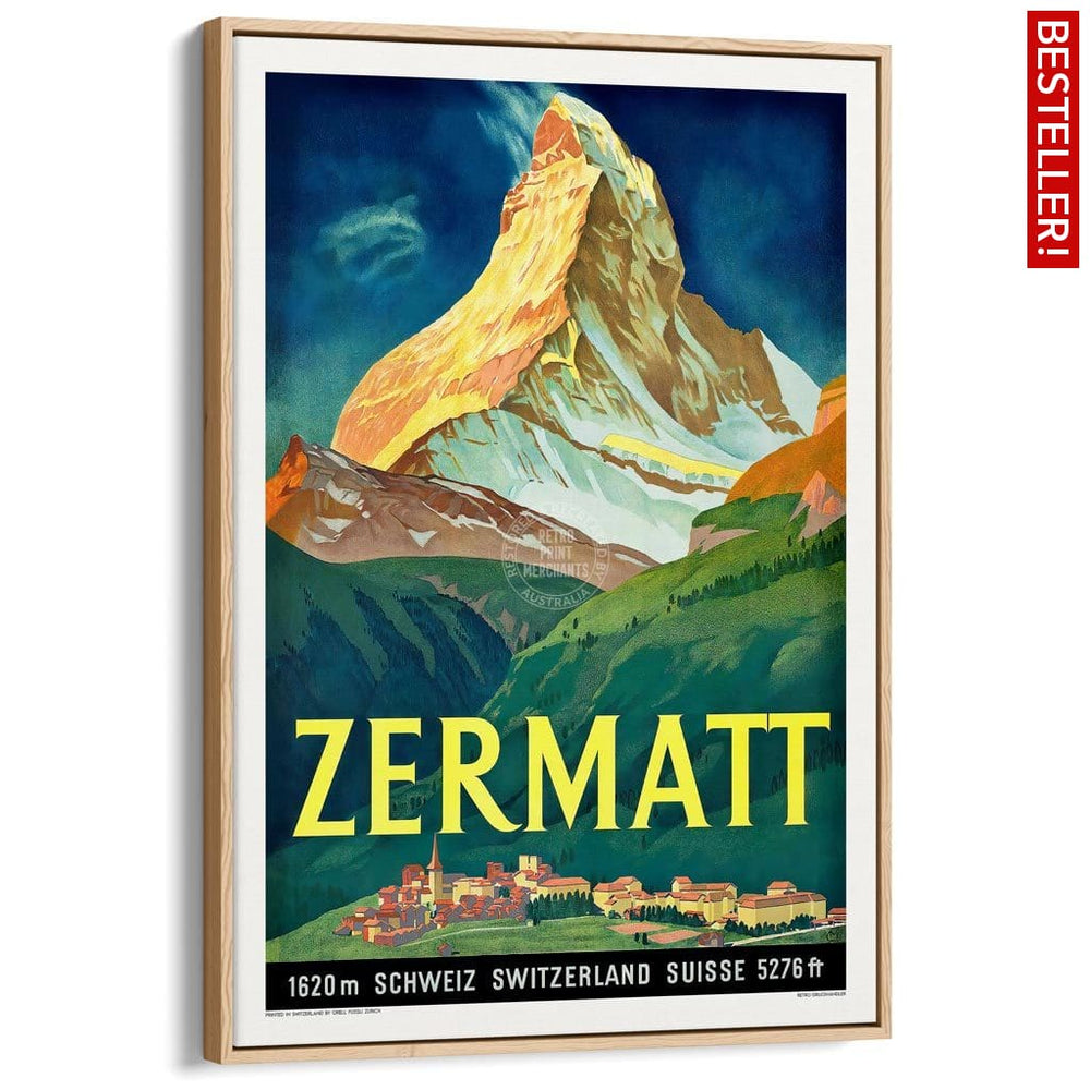 Zermatt 1933 | Switzerland A3 297 X 420Mm 11.7 16.5 Inches / Canvas Floating Frame - Natural Oak